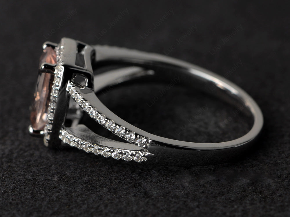 Cushion Cut Morganite Ring Split Shank Halo Ring - LUO Jewelry