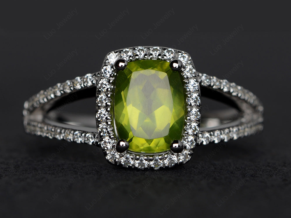 Cushion Cut Peridot Ring Split Shank Halo Ring - LUO Jewelry