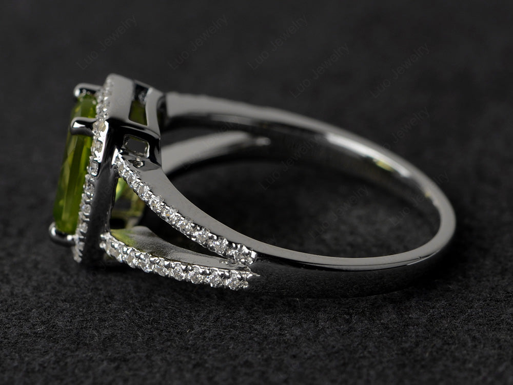 Cushion Cut Peridot Ring Split Shank Halo Ring - LUO Jewelry
