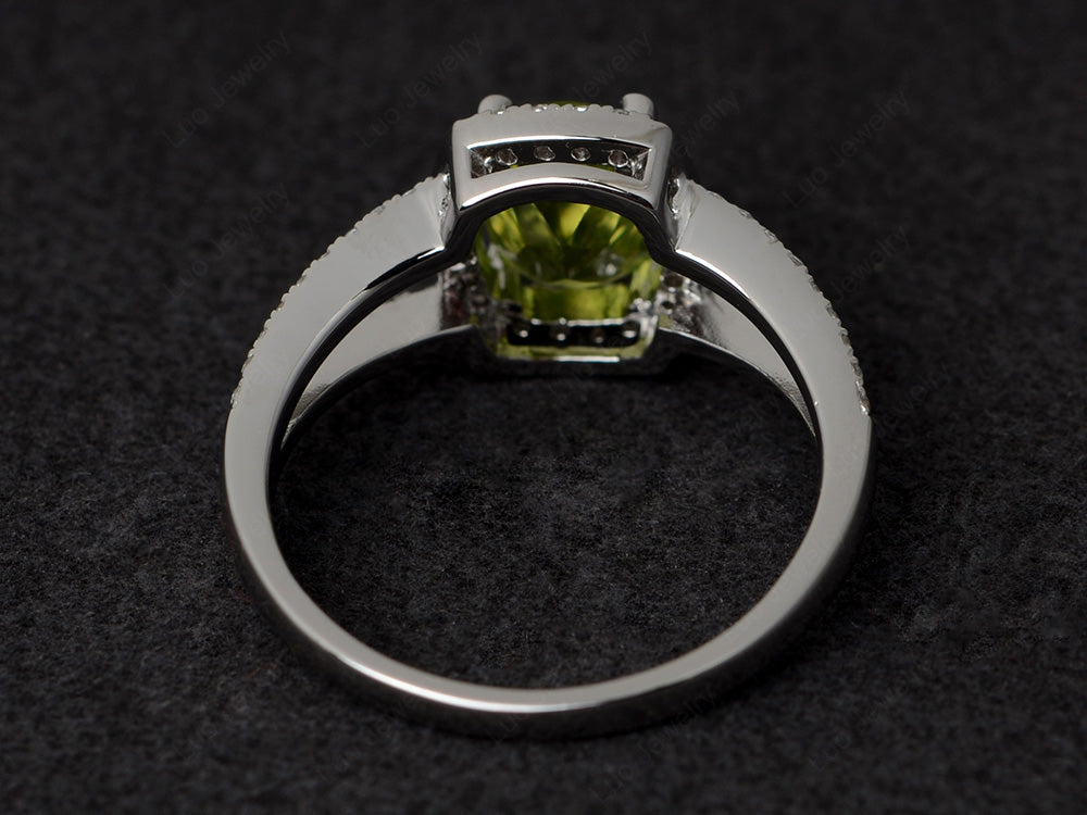 Cushion Cut Peridot Ring Split Shank Halo Ring - LUO Jewelry