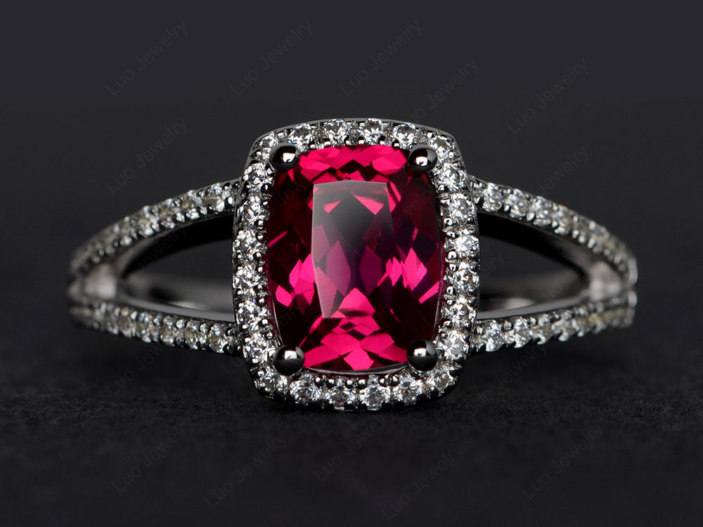 Cushion Cut Ruby Ring Split Shank Halo Ring - LUO Jewelry