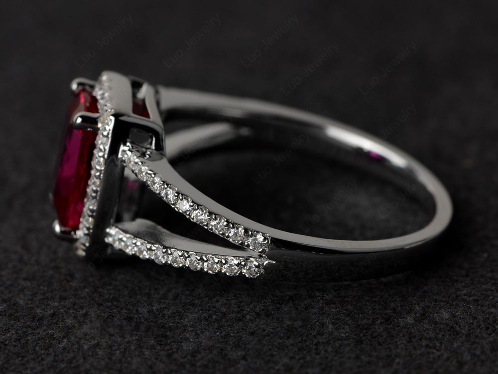 Cushion Cut Ruby Ring Split Shank Halo Ring - LUO Jewelry