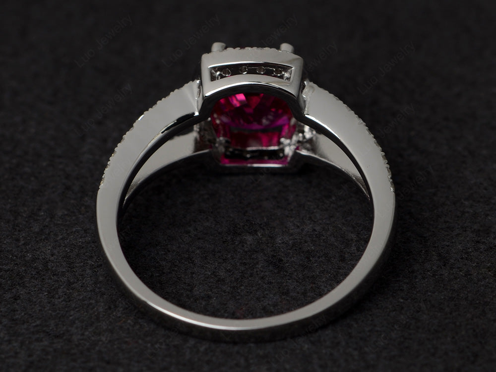 Cushion Cut Ruby Ring Split Shank Halo Ring - LUO Jewelry