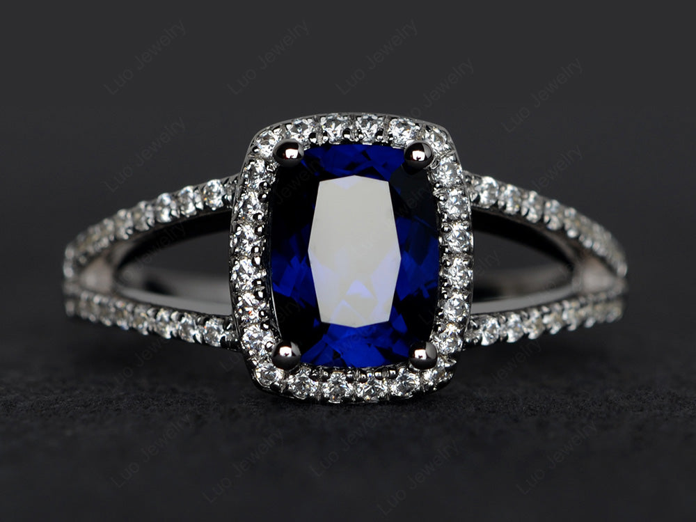 Cushion Cut Lab Sapphire Ring Split Shank Halo Ring - LUO Jewelry