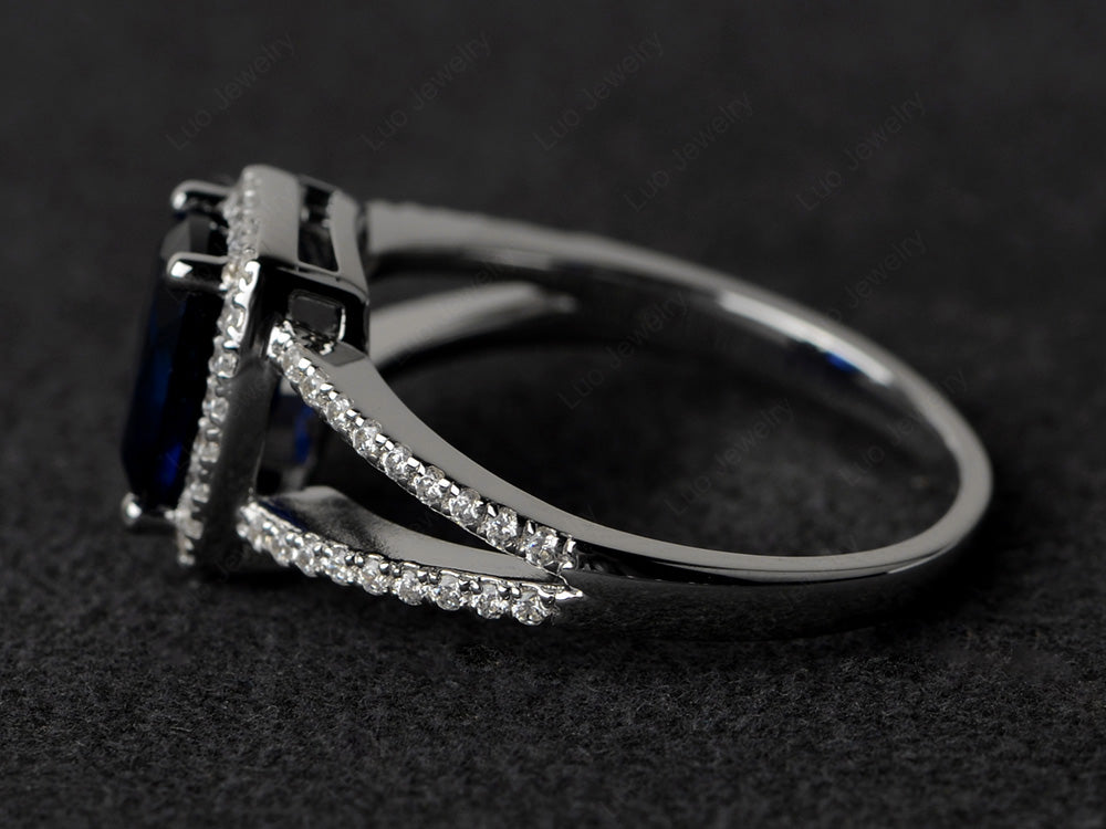 Cushion Cut Lab Sapphire Ring Split Shank Halo Ring - LUO Jewelry