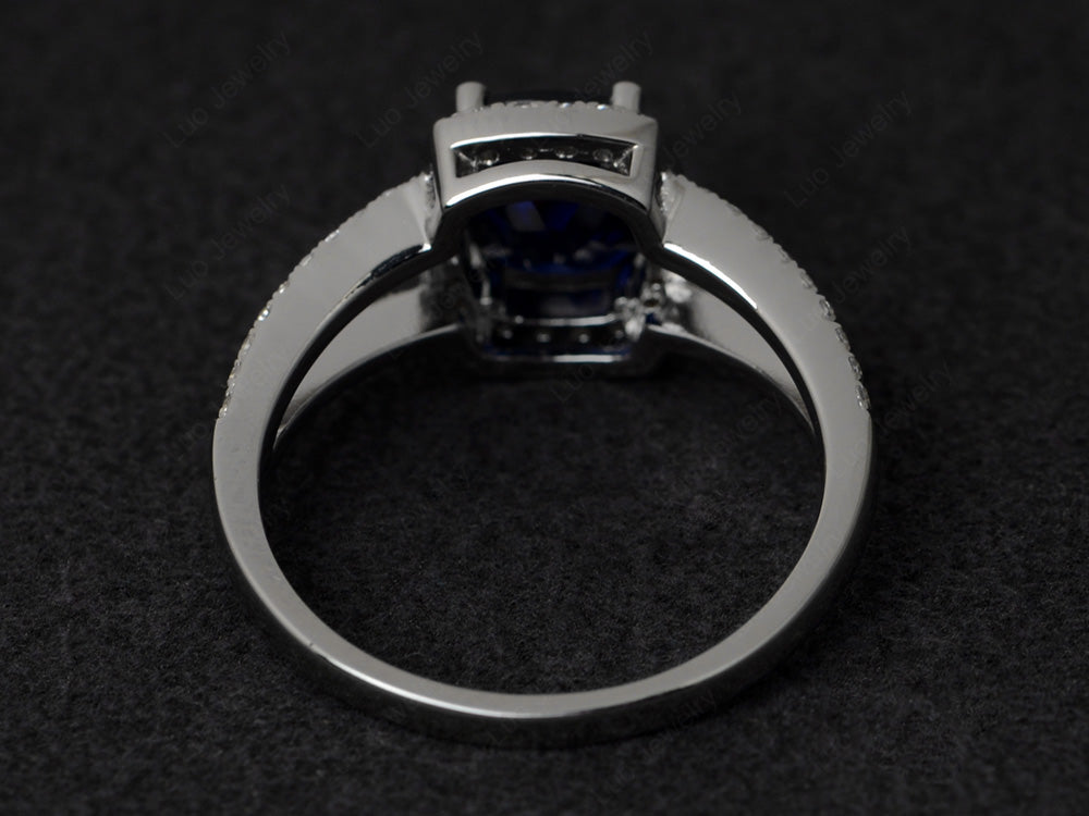 Cushion Cut Lab Sapphire Ring Split Shank Halo Ring - LUO Jewelry