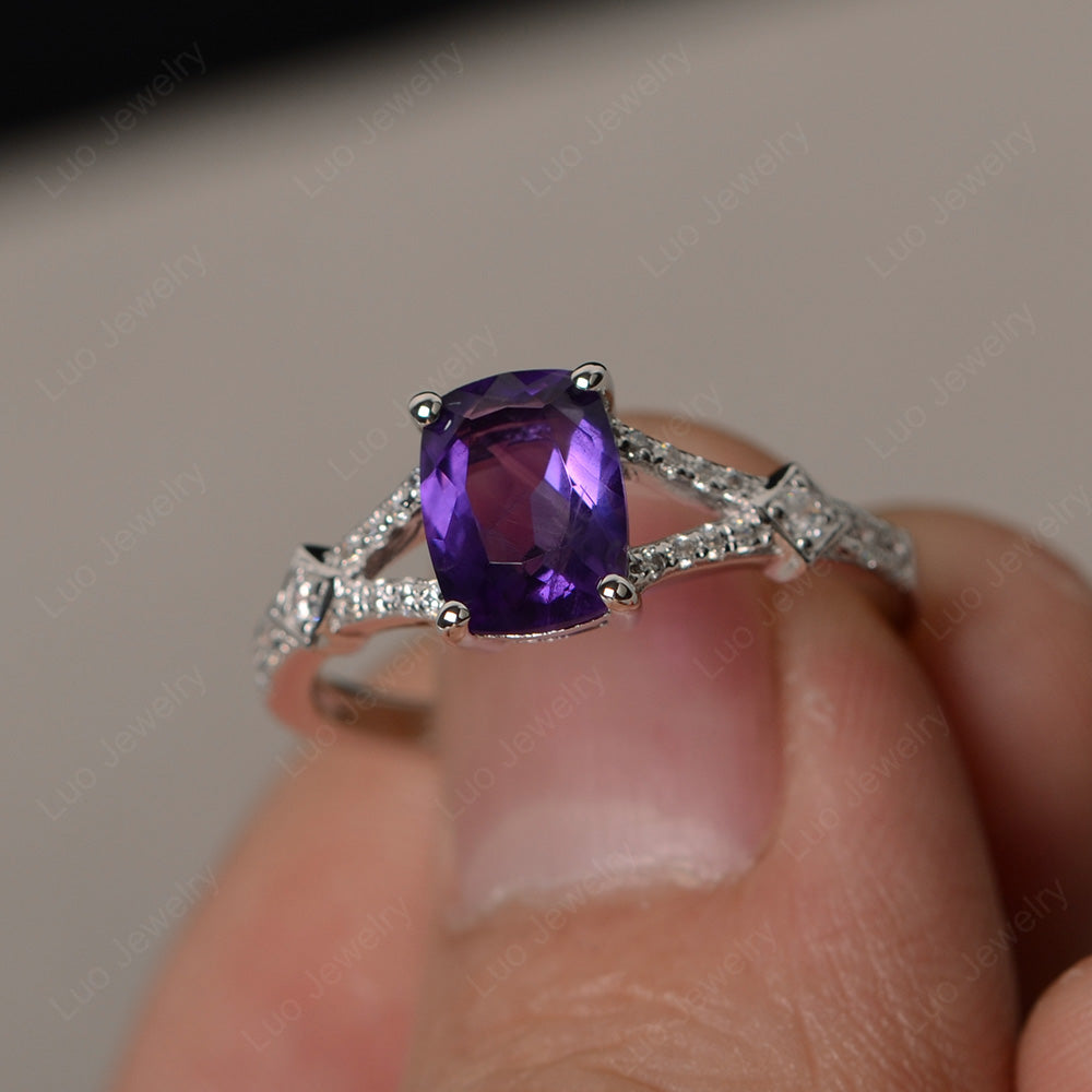 Elongated Cushion Cut Amethyst Wedding Ring - LUO Jewelry