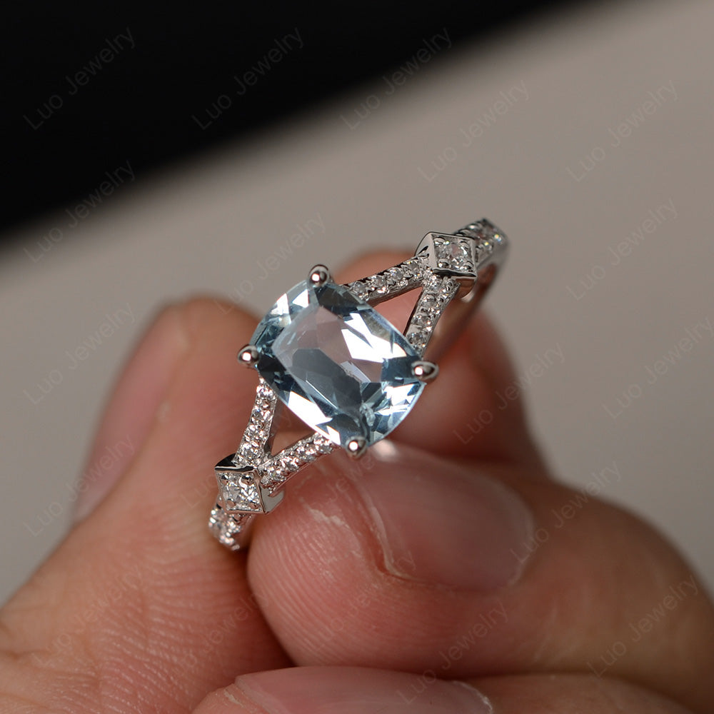 Elongated Cushion Cut Aquamarine Wedding Ring - LUO Jewelry