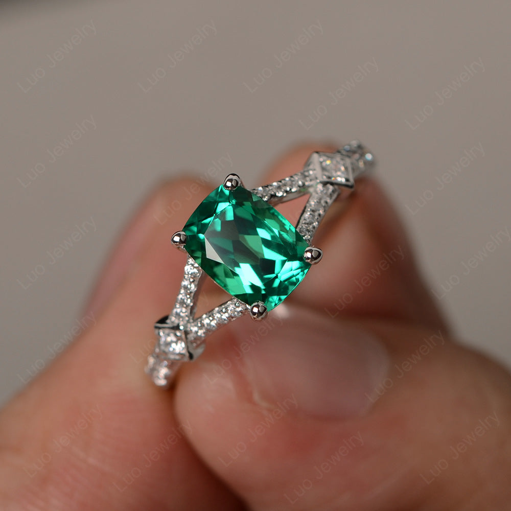 Elongated Cushion Cut Lab Emerald Wedding Ring - LUO Jewelry