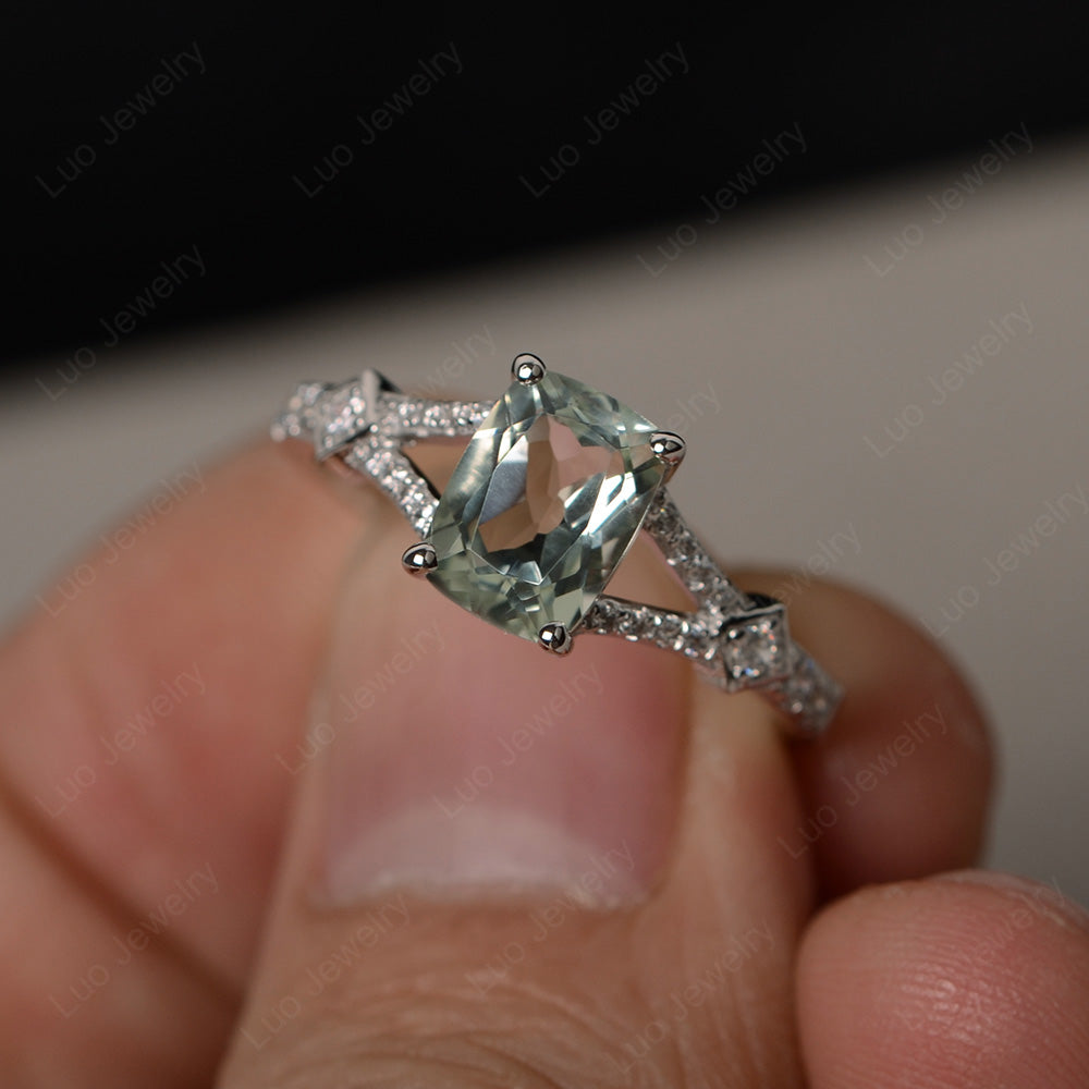 Elongated Cushion Cut Green Amethyst Wedding Ring - LUO Jewelry