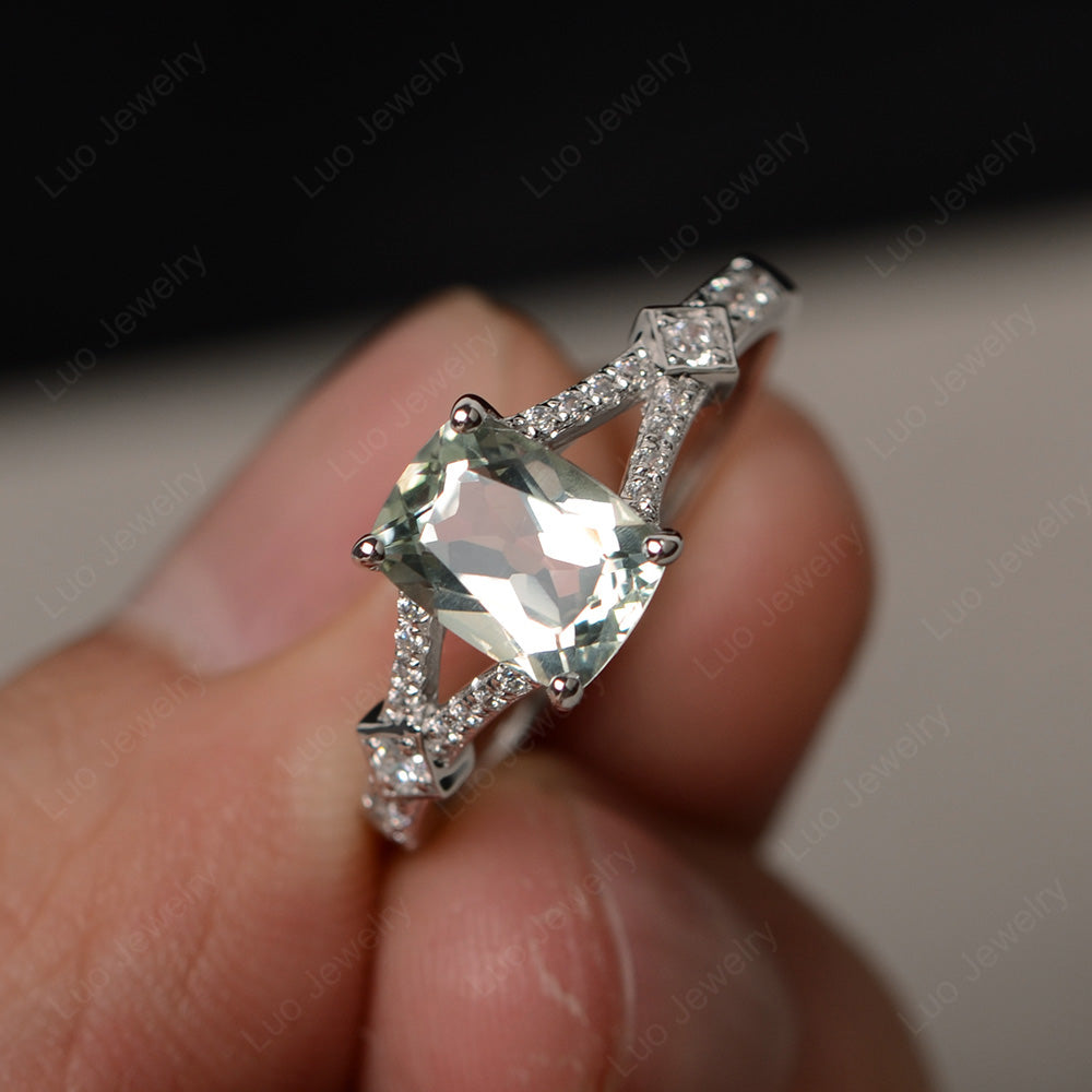 Elongated Cushion Cut Green Amethyst Wedding Ring - LUO Jewelry