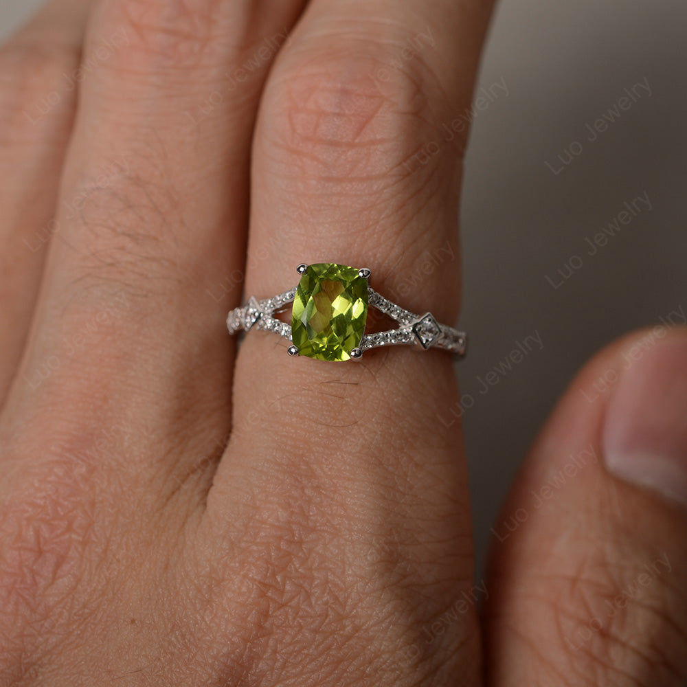 Elongated Cushion Cut Peridot Wedding Ring - LUO Jewelry