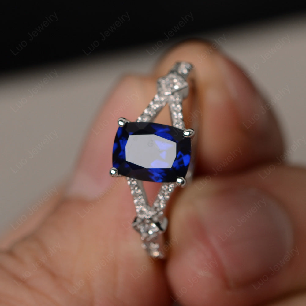 Elongated Cushion Cut Lab Sapphire Wedding Ring - LUO Jewelry