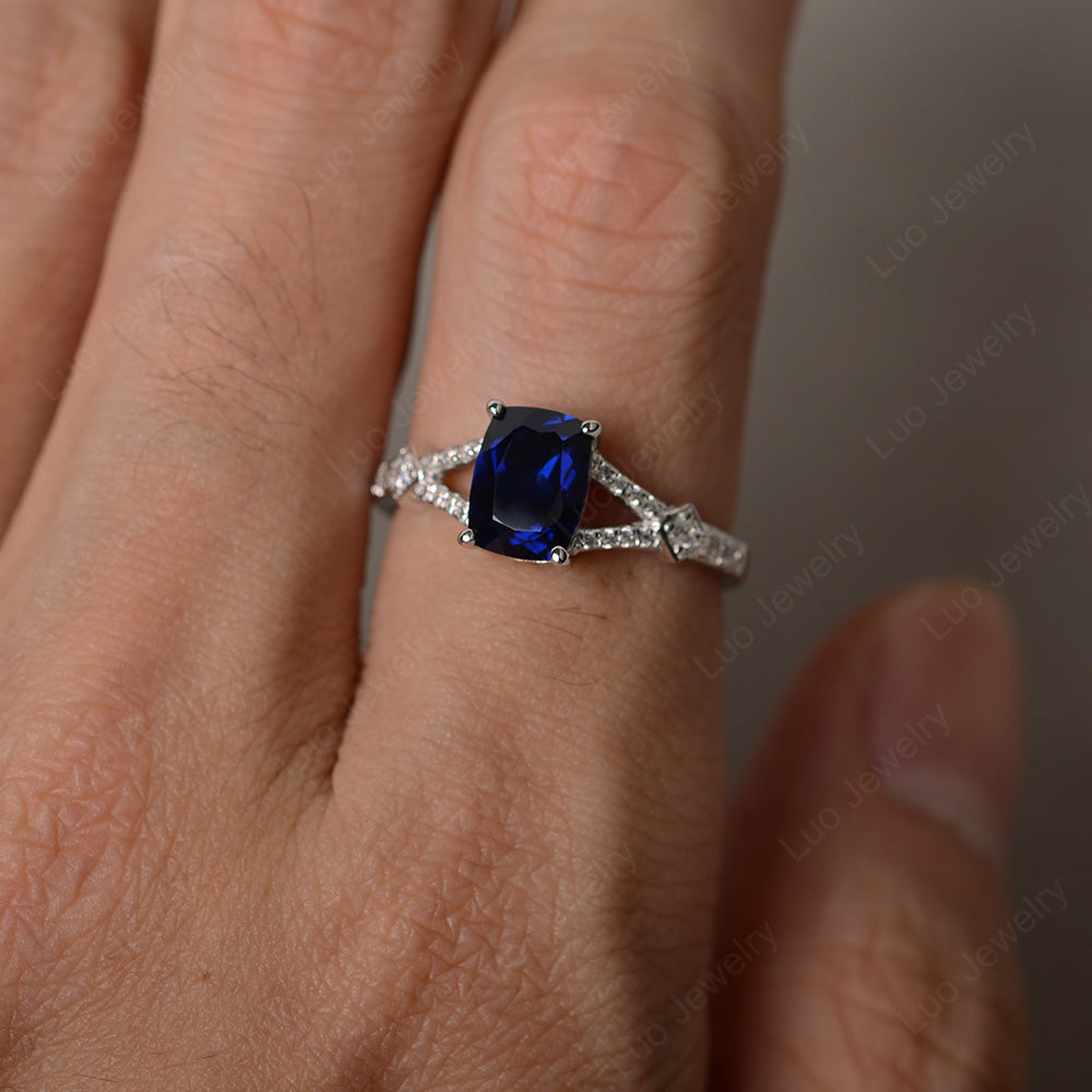 Elongated Cushion Cut Lab Sapphire Wedding Ring - LUO Jewelry