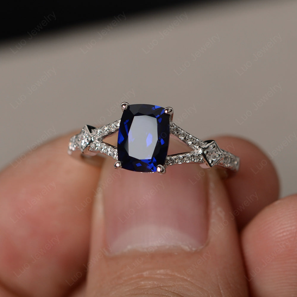 Elongated Cushion Cut Lab Sapphire Wedding Ring - LUO Jewelry