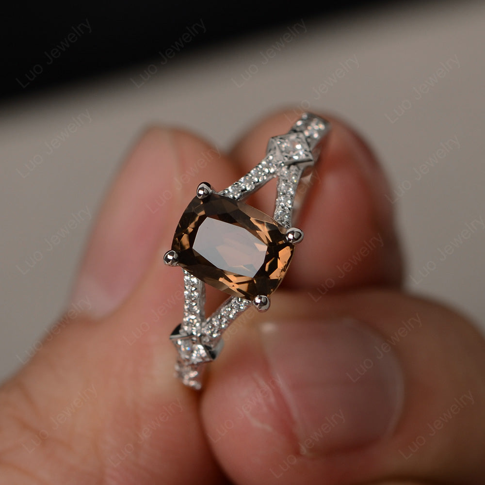 Elongated Cushion Cut Smoky Quartz  Wedding Ring - LUO Jewelry