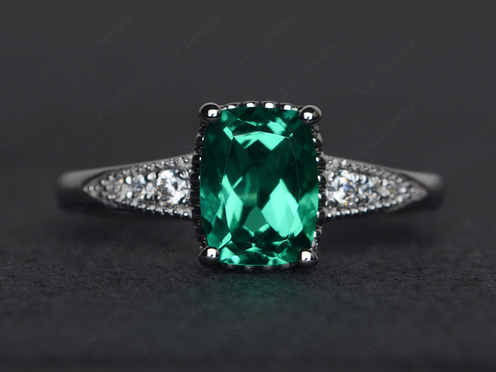 Vintage Lab Emerald Ring Cushion Cut Ring - LUO Jewelry