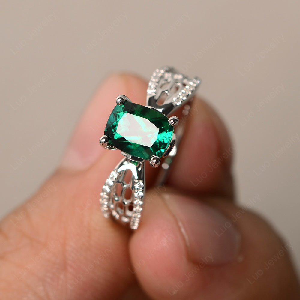 Art Deco Cushion Cut Lab Emerald Engagement Ring - LUO Jewelry