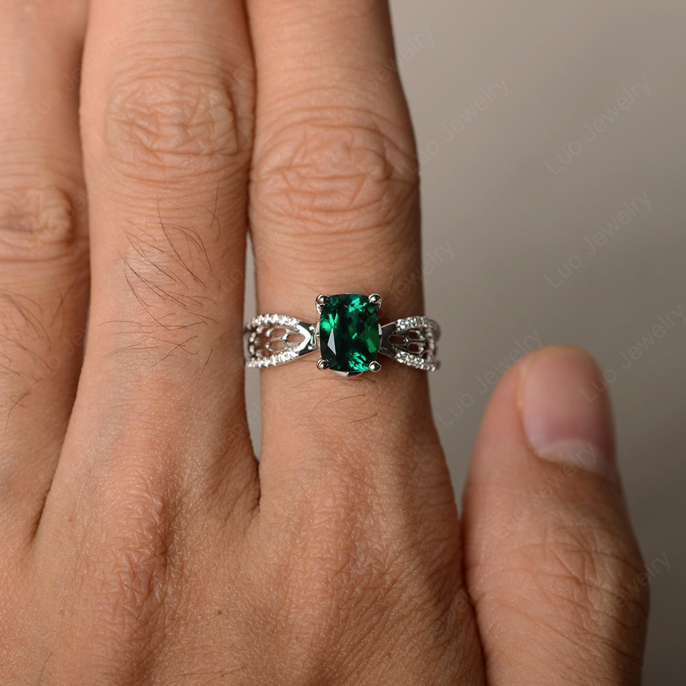 Art Deco Cushion Cut Lab Emerald Engagement Ring - LUO Jewelry