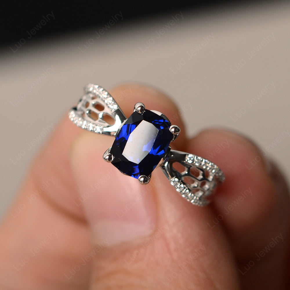 Art Deco Cushion Cut Lab Sapphire Engagement Ring - LUO Jewelry