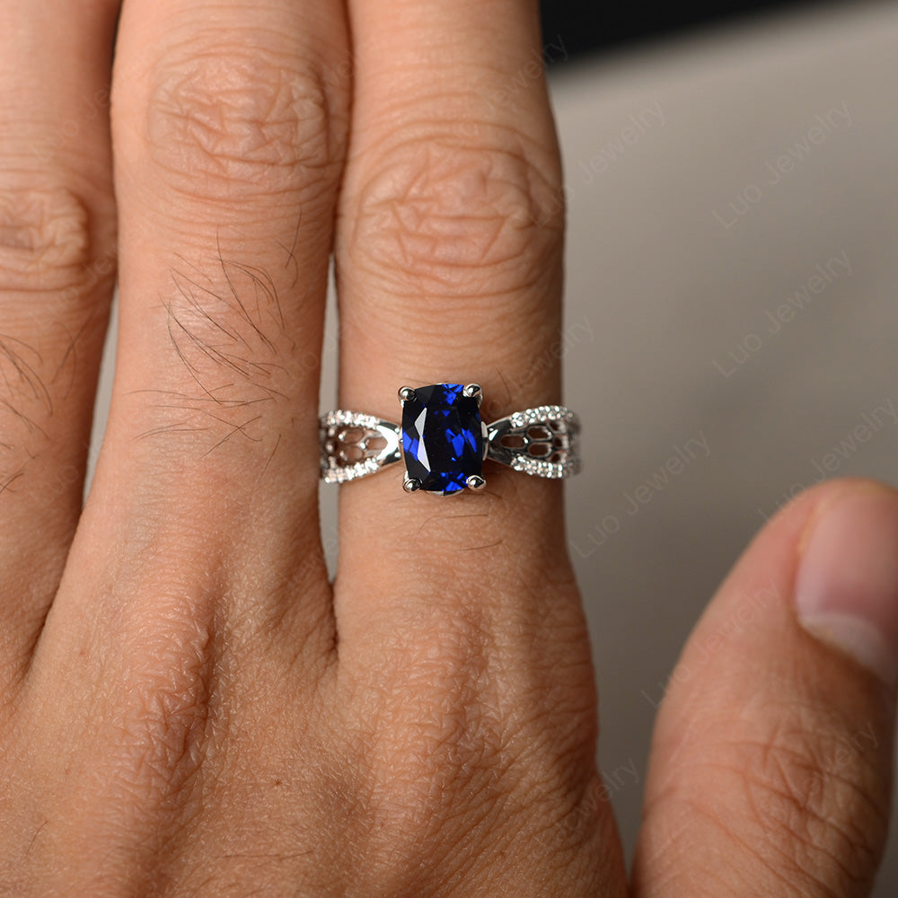Art Deco Cushion Cut Lab Sapphire Engagement Ring - LUO Jewelry