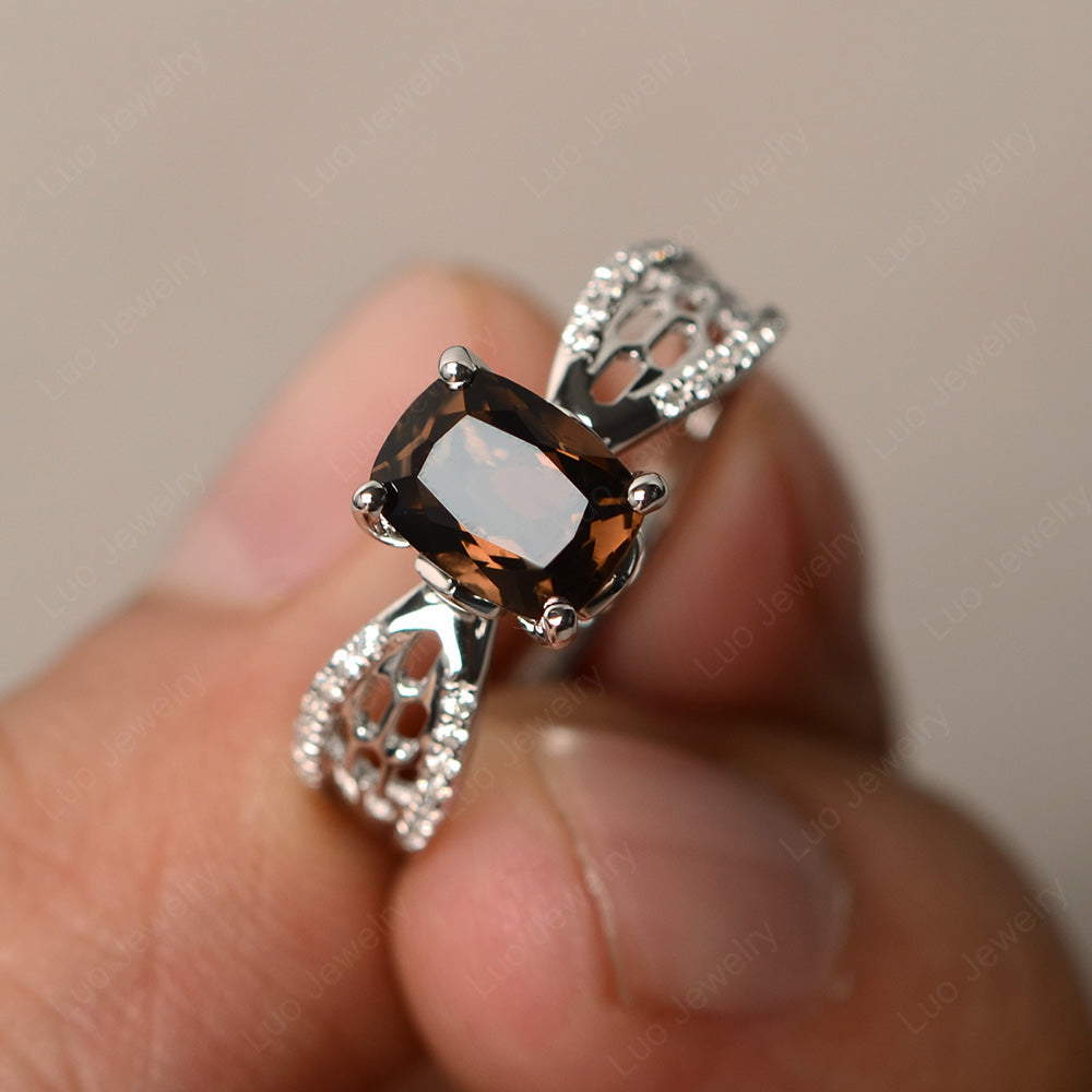 Art Deco Cushion Cut Smoky Quartz  Engagement Ring - LUO Jewelry