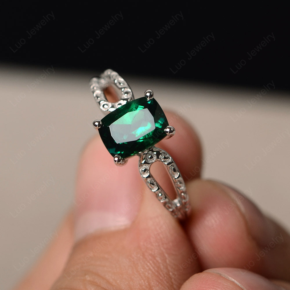 Rectangle Cushion Lab Emerald Solitaire Ring - LUO Jewelry