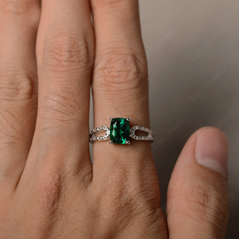 Rectangle Cushion Lab Emerald Solitaire Ring - LUO Jewelry