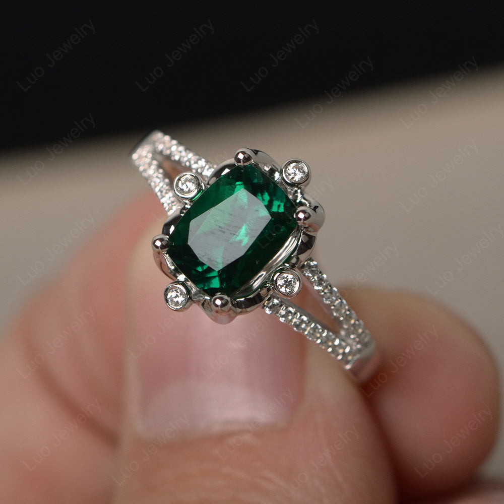 Rectangle Cushion Cut Lab Emerald Wedding Ring - LUO Jewelry