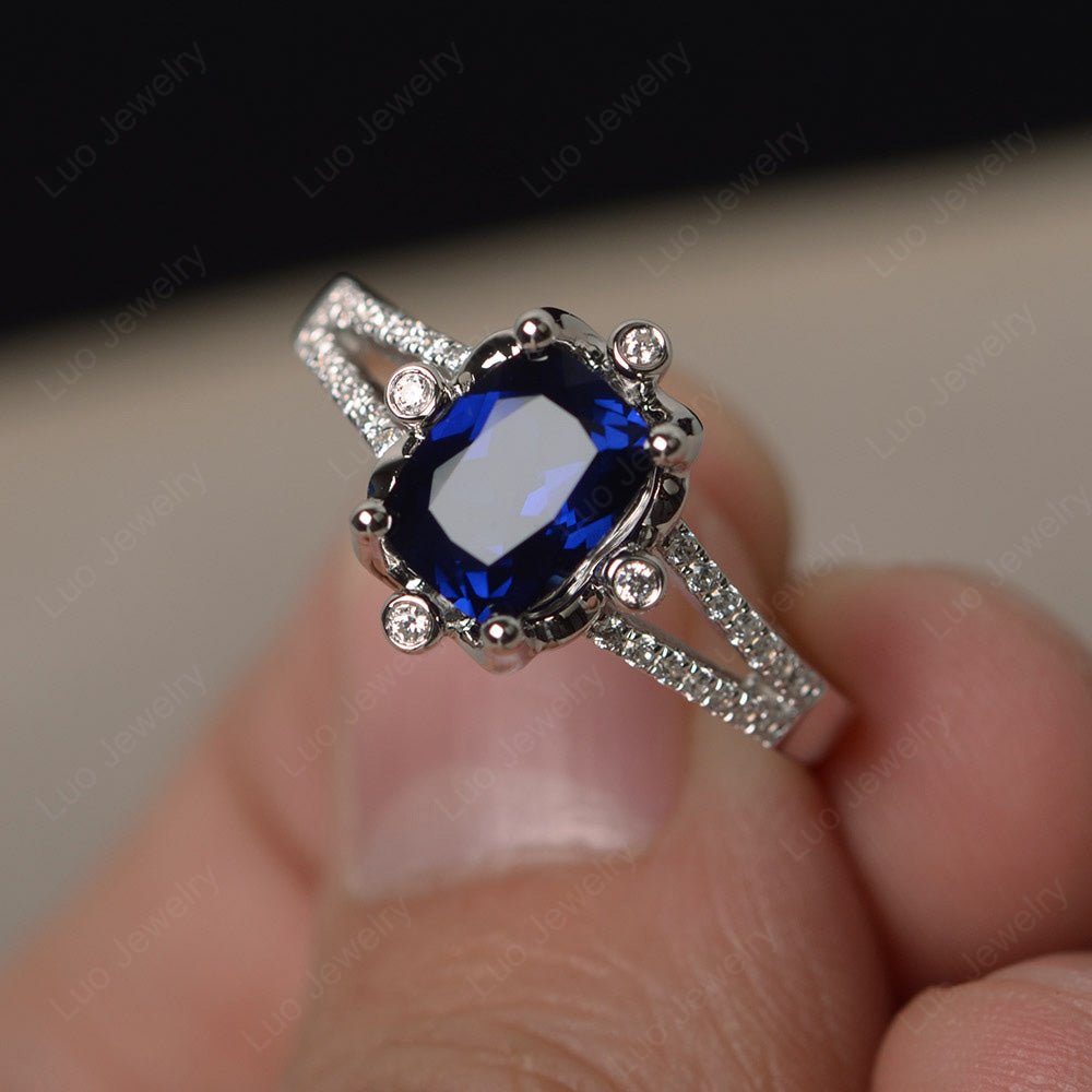 Rectangle Cut Lab Sapphire Wedding Ring Art Deco - LUO Jewelry