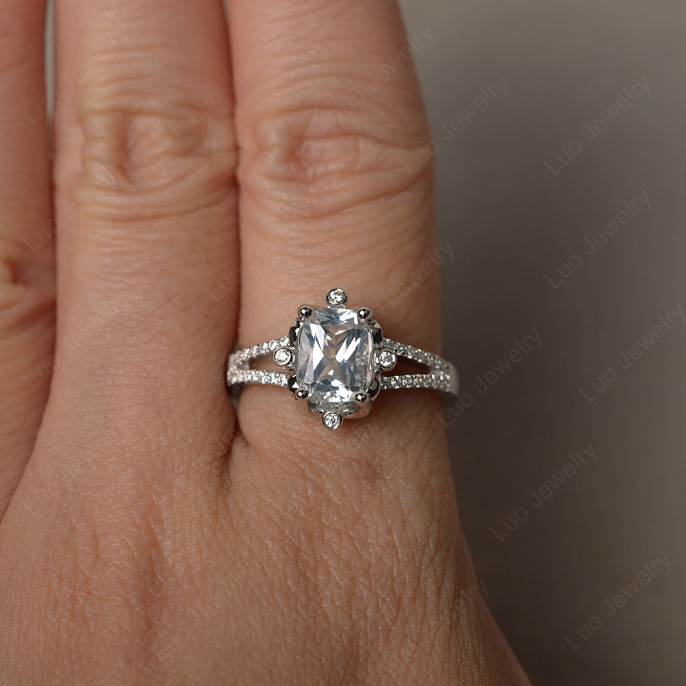Rectangle Cut White Topaz Wedding Ring Art Deco - LUO Jewelry