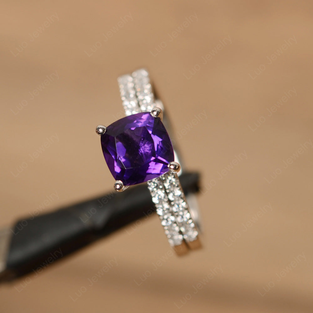 Cushion Cut Amethyst Engagement Rings With Wedding Band - LUO Jewelry