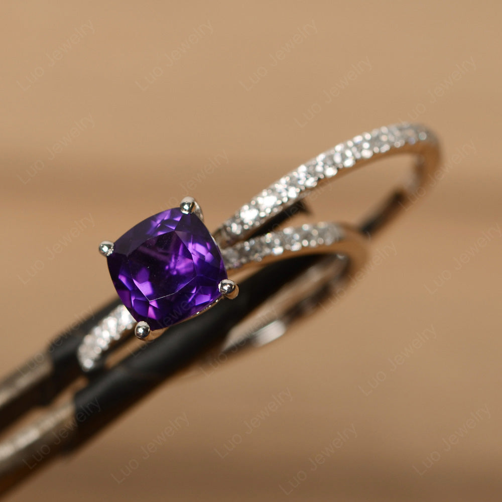 Cushion Cut Amethyst Engagement Rings With Wedding Band - LUO Jewelry