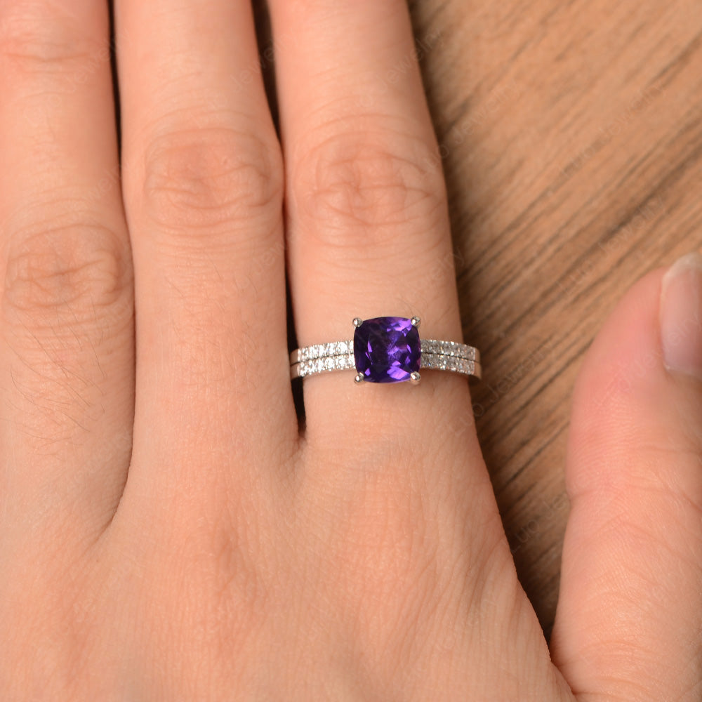 Cushion Cut Amethyst Engagement Rings With Wedding Band - LUO Jewelry