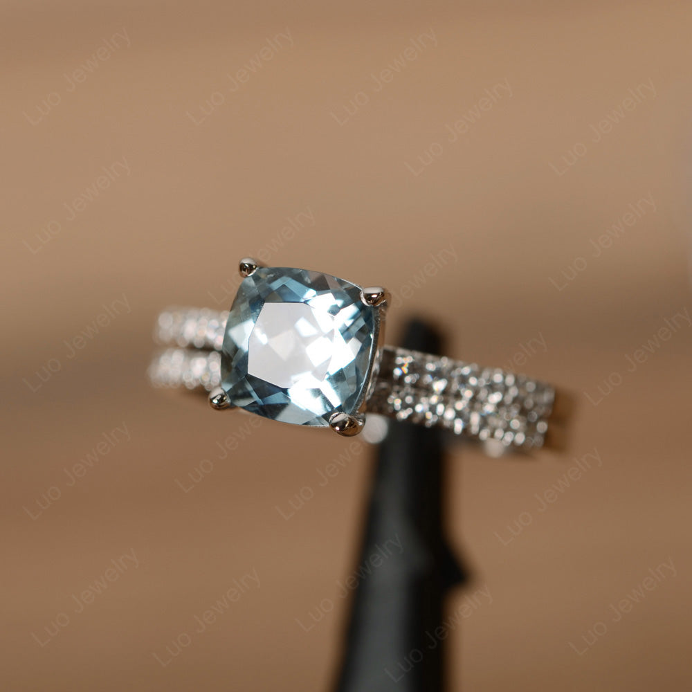 Cushion Cut Aquamarine Engagement Rings With Wedding Band - LUO Jewelry