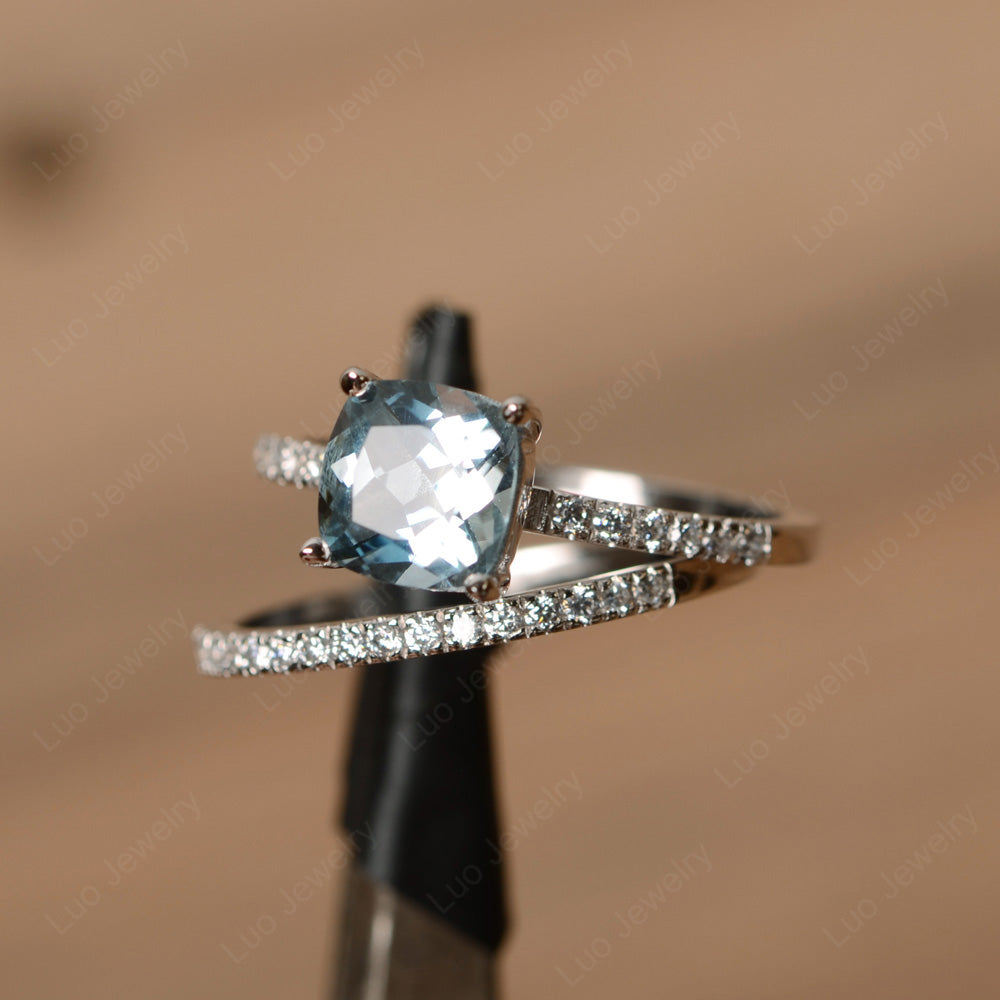 Cushion Cut Aquamarine Engagement Rings With Wedding Band - LUO Jewelry