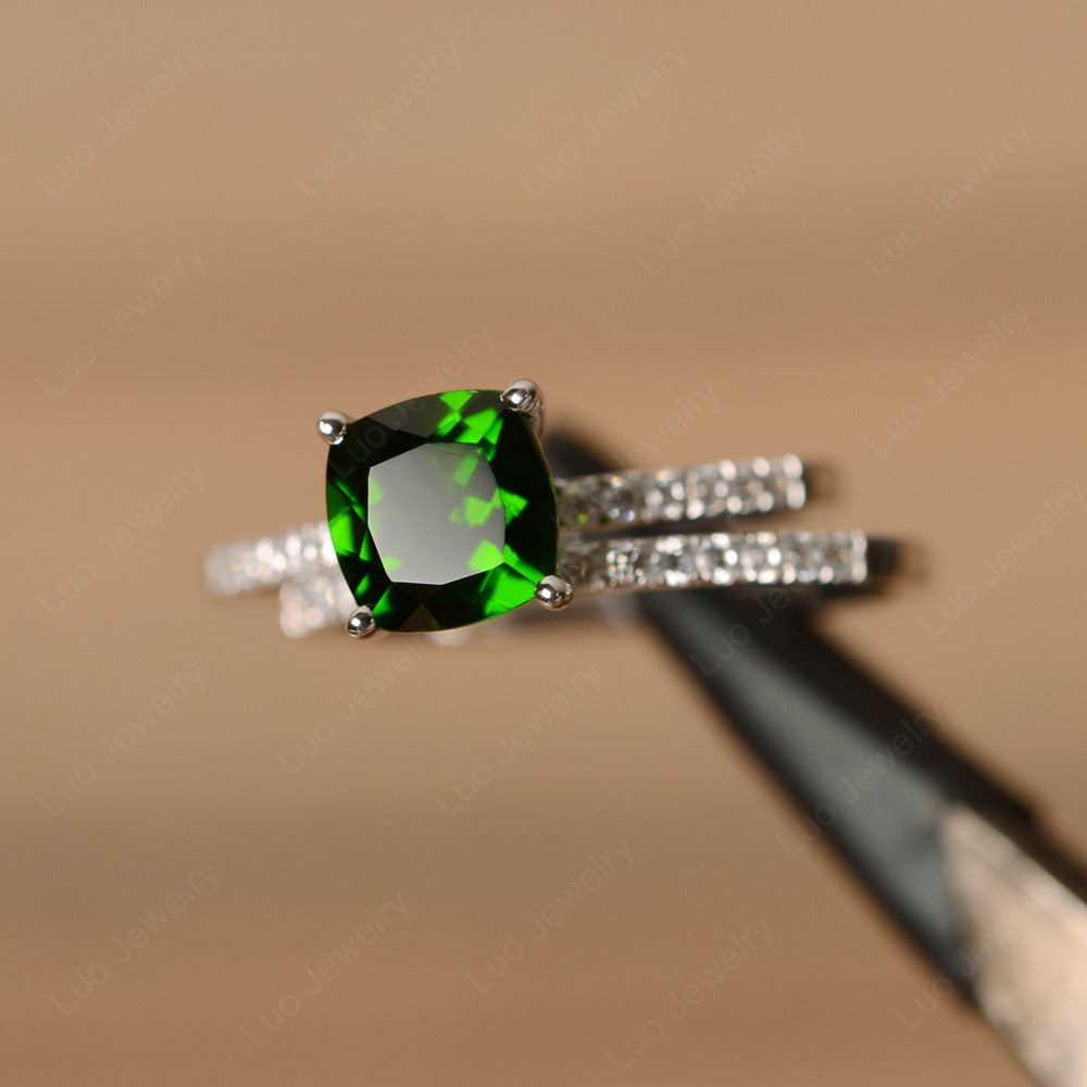 Cushion Cut Diopside Engagement Rings With Wedding Band - LUO Jewelry