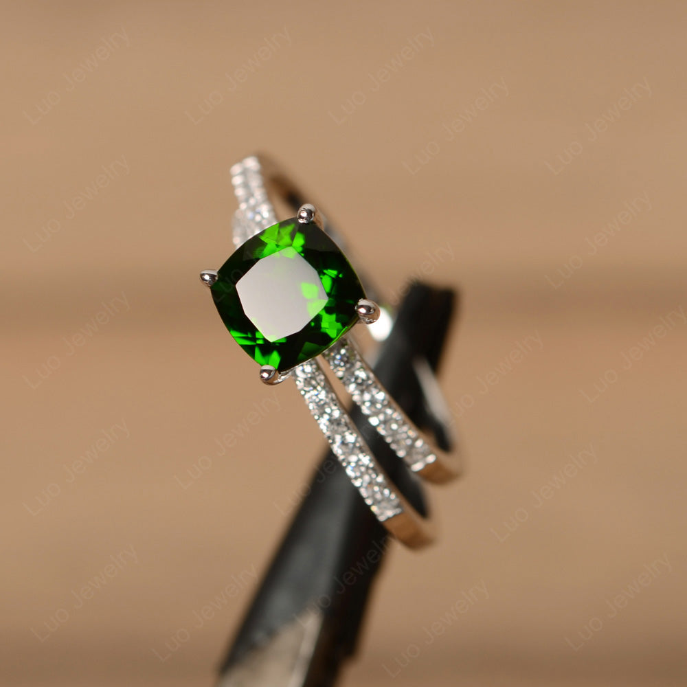 Cushion Cut Diopside Engagement Rings With Wedding Band - LUO Jewelry