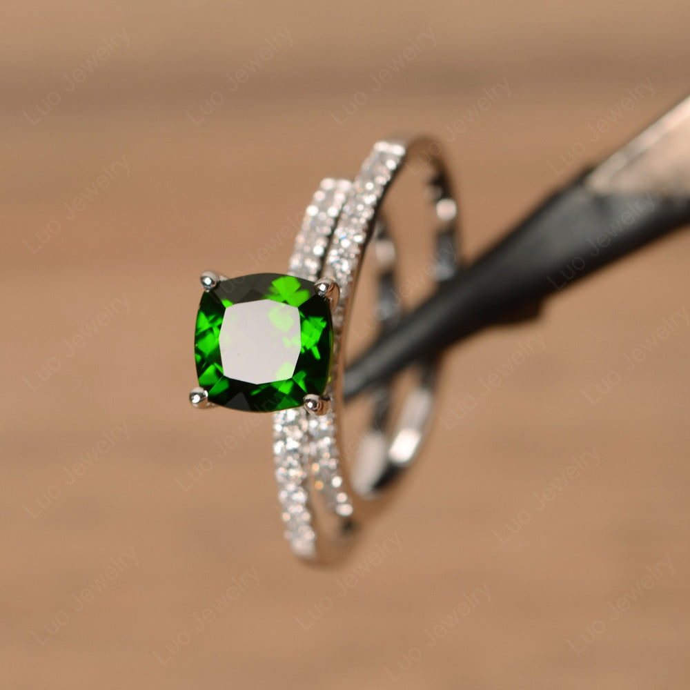 Cushion Cut Diopside Engagement Rings With Wedding Band - LUO Jewelry