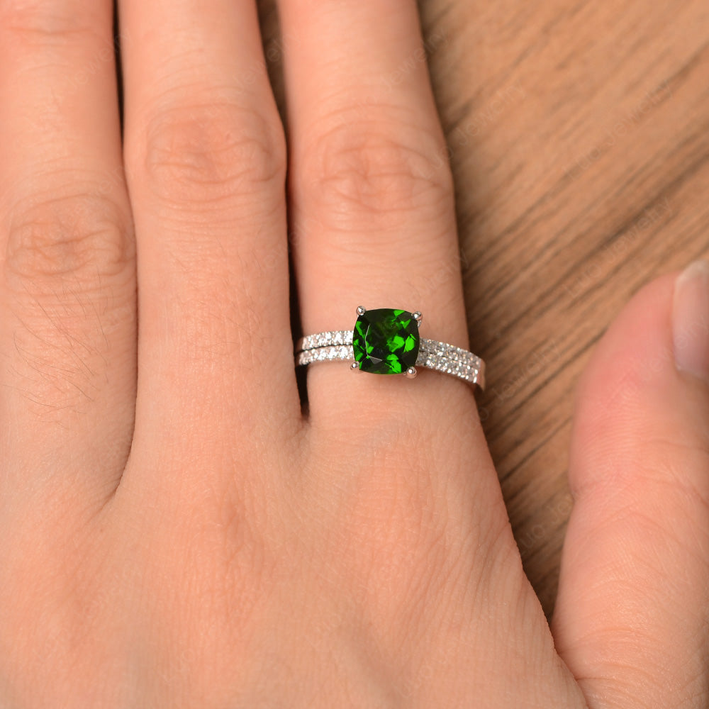 Cushion Cut Diopside Engagement Rings With Wedding Band - LUO Jewelry