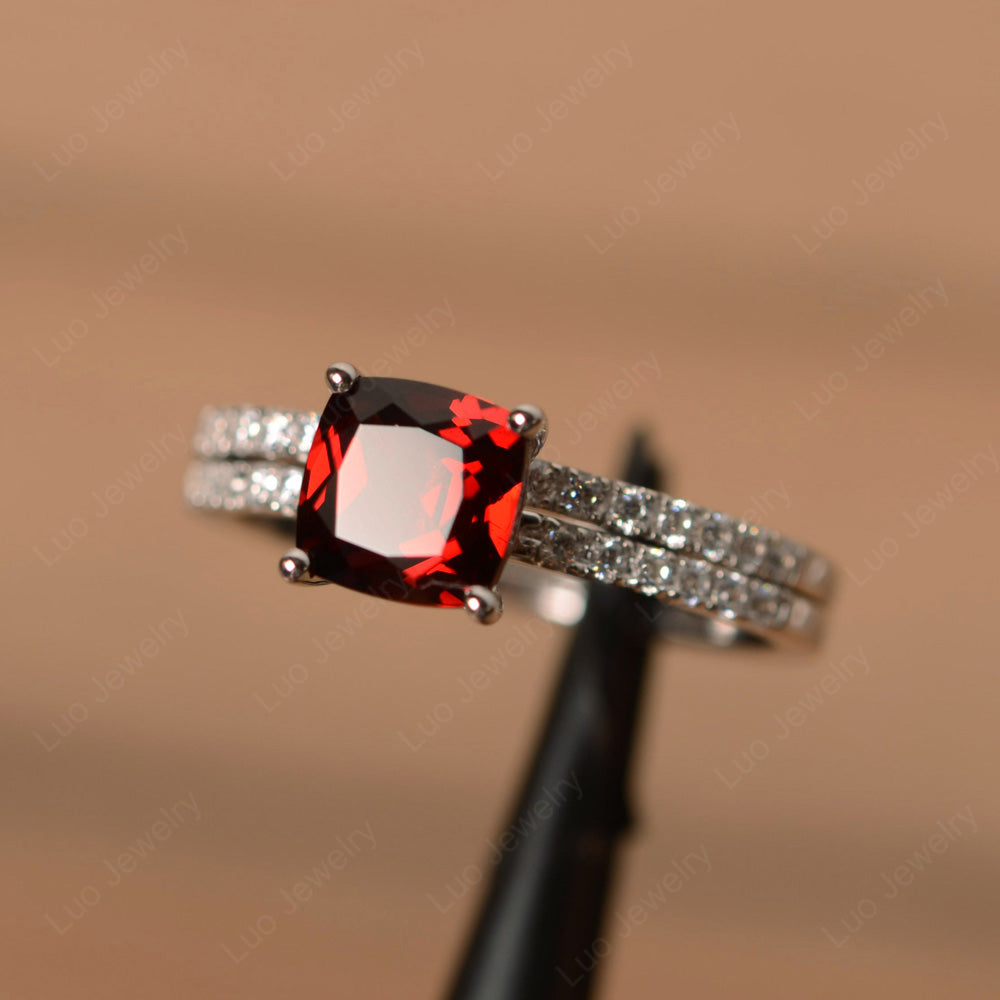 Cushion Cut Garnet Engagement Rings With Wedding Band - LUO Jewelry