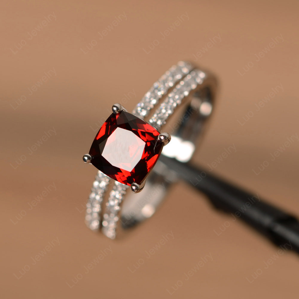 Cushion Cut Garnet Engagement Rings With Wedding Band - LUO Jewelry