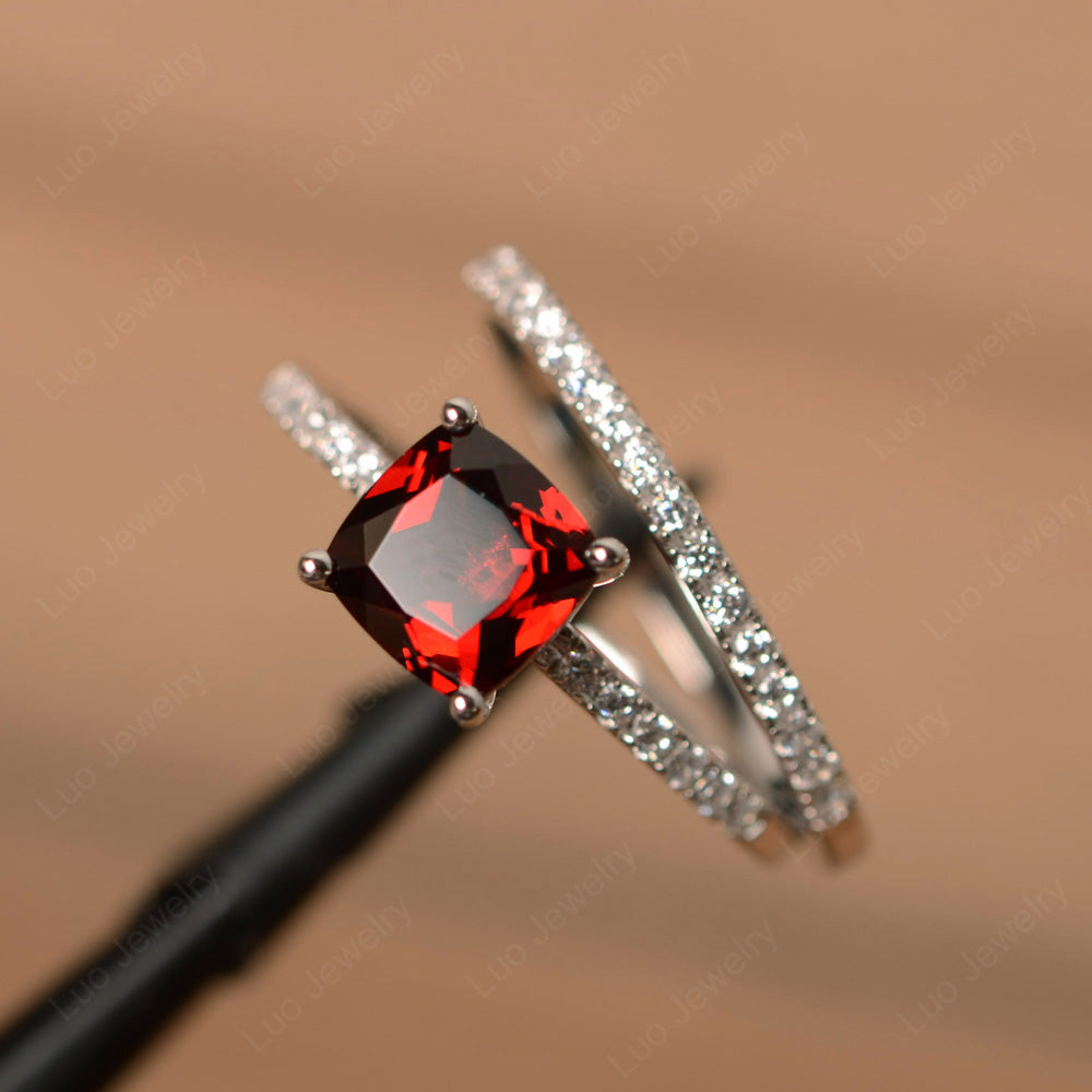 Cushion Cut Garnet Engagement Rings With Wedding Band - LUO Jewelry