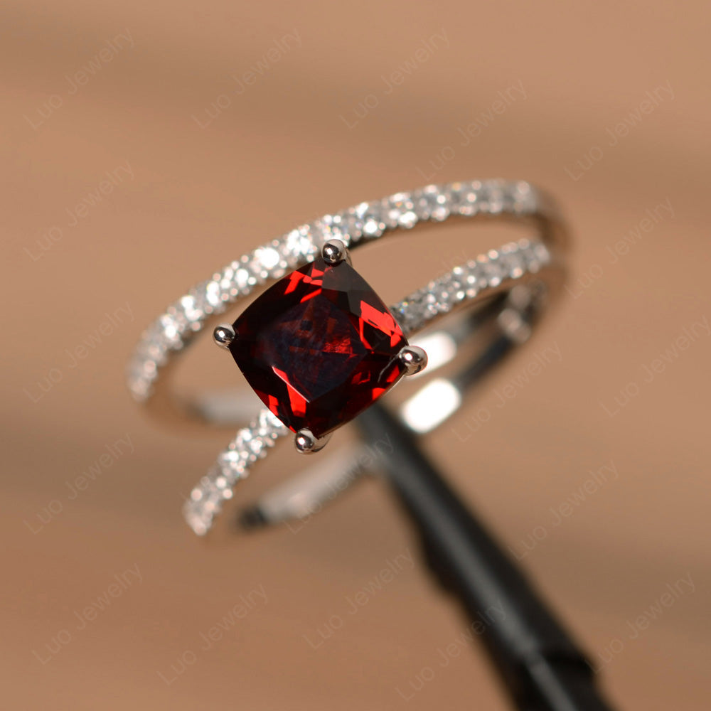 Cushion Cut Garnet Engagement Rings With Wedding Band - LUO Jewelry