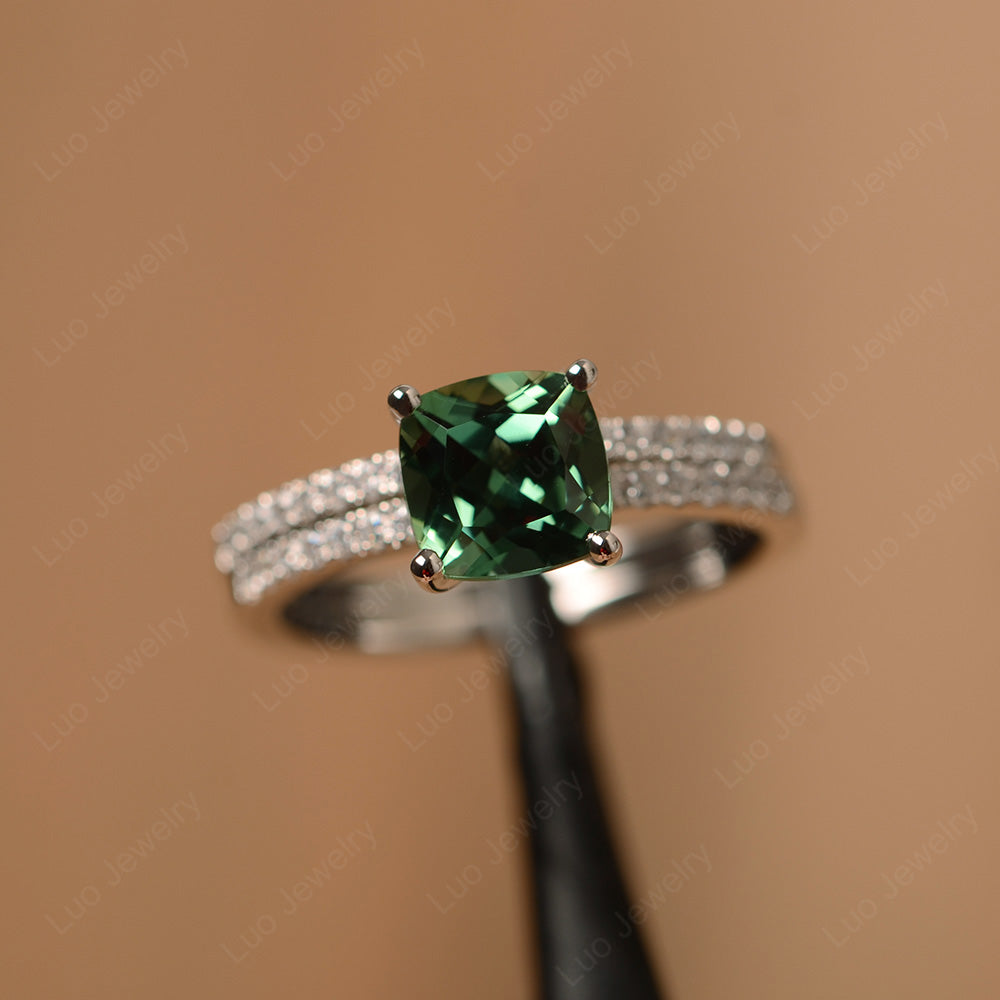 Cushion Cut Green Sapphire Engagement Rings With Wedding Band - LUO Jewelry