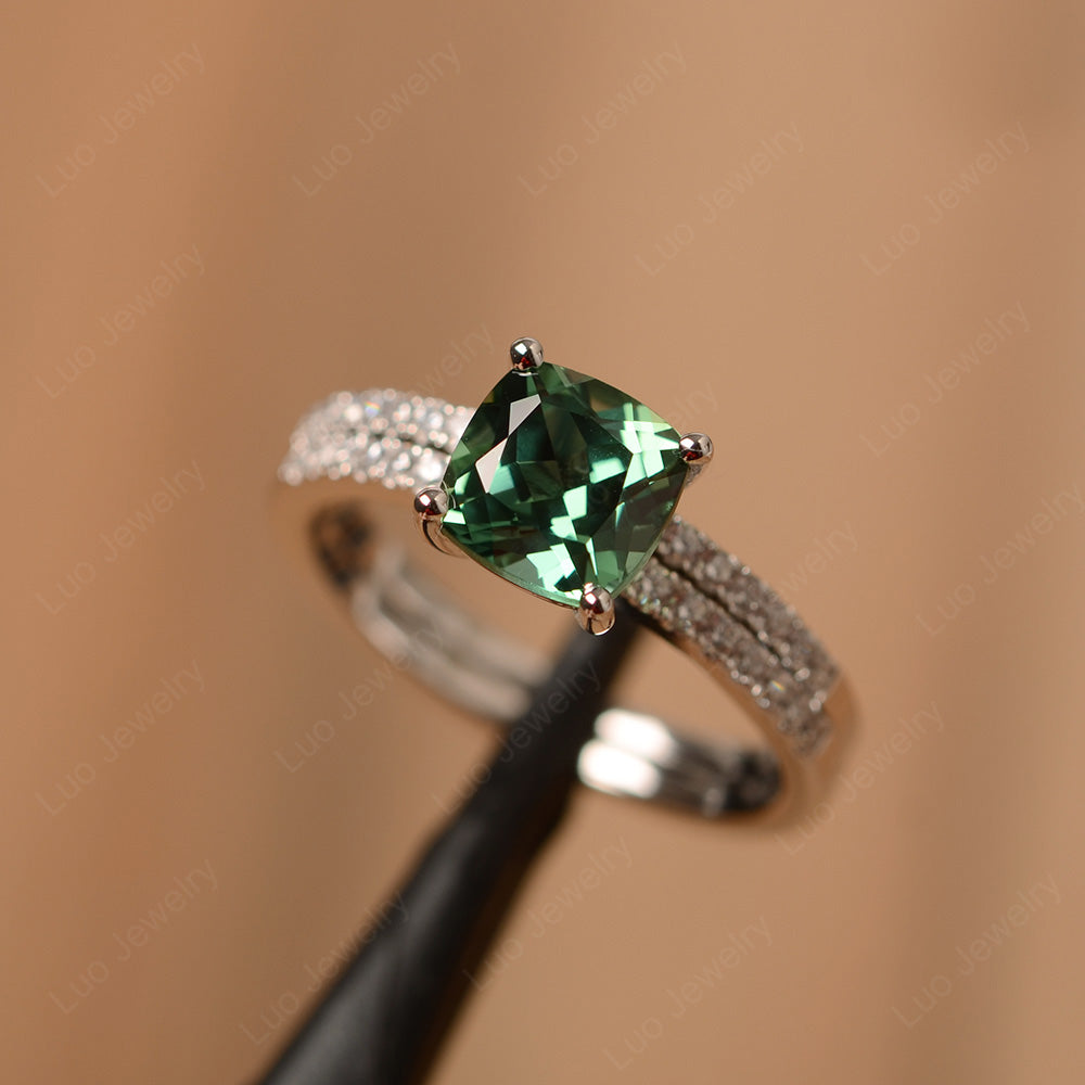 Cushion Cut Green Sapphire Engagement Rings With Wedding Band - LUO Jewelry