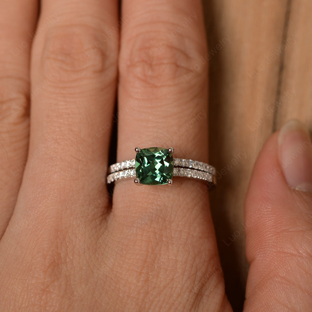 Cushion Cut Green Sapphire Engagement Rings With Wedding Band - LUO Jewelry