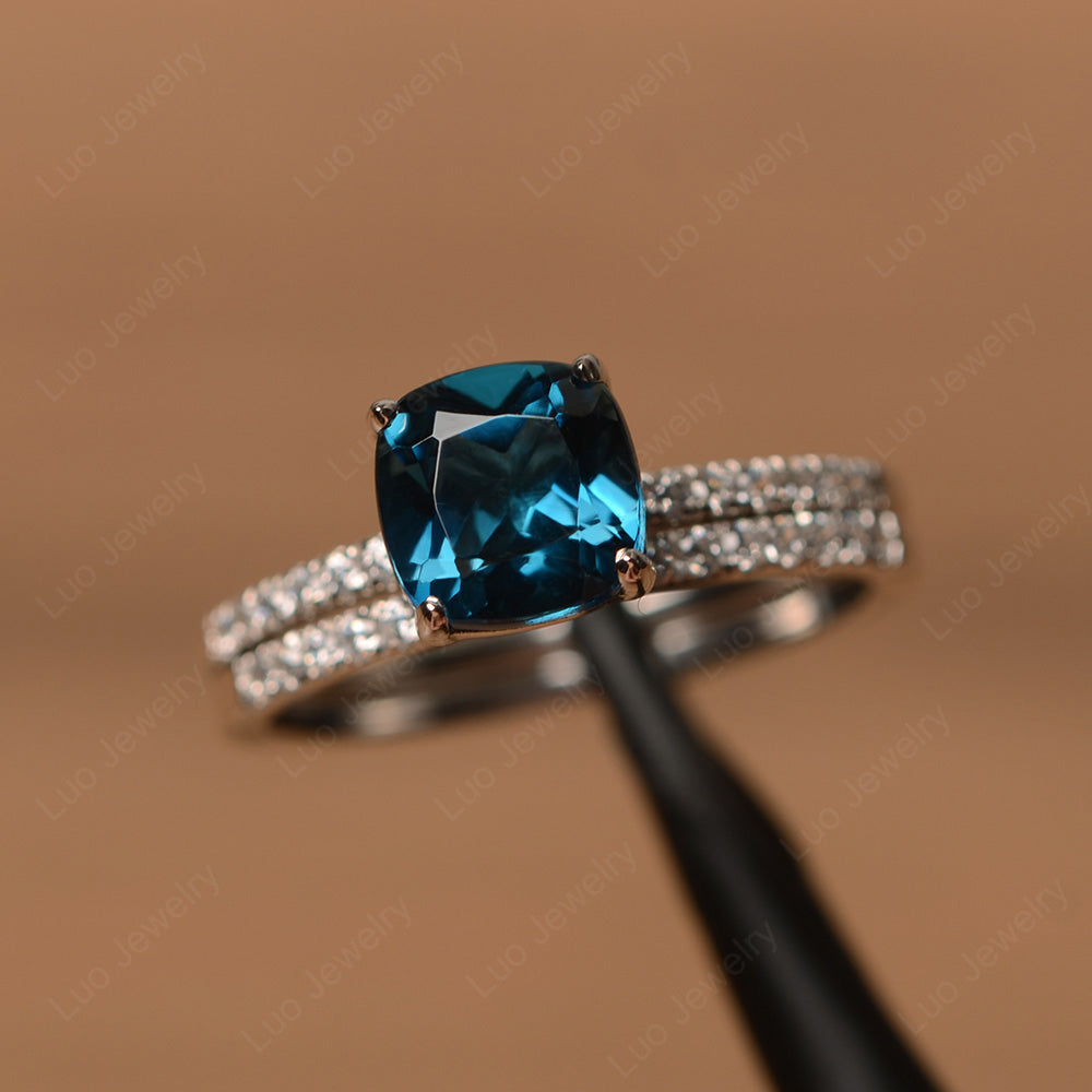 Cushion Cut London Blue Topaz Engagement Rings With Wedding Band - LUO Jewelry
