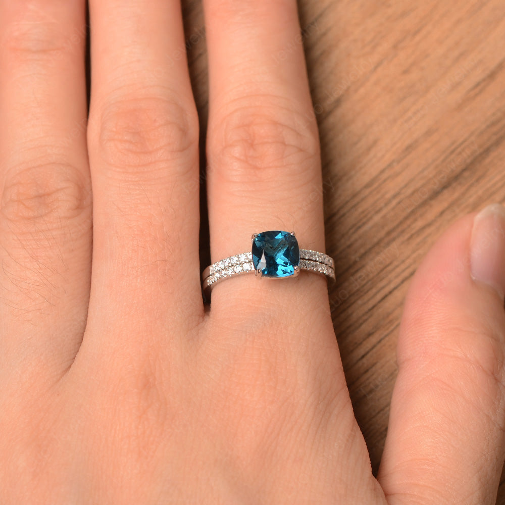 Cushion Cut London Blue Topaz Engagement Rings With Wedding Band - LUO Jewelry
