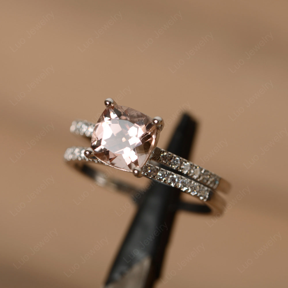 Cushion Cut Morganite Engagement Rings With Wedding Band - LUO Jewelry